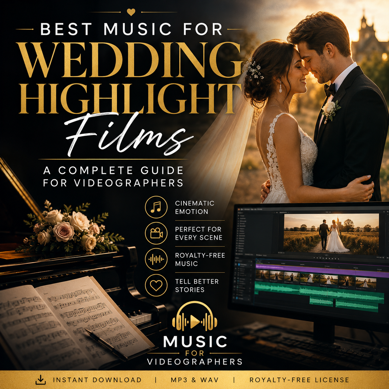 Bride and groom embracing during golden hour with cinematic wedding editing workspace representing the best music for wedding highlight films.