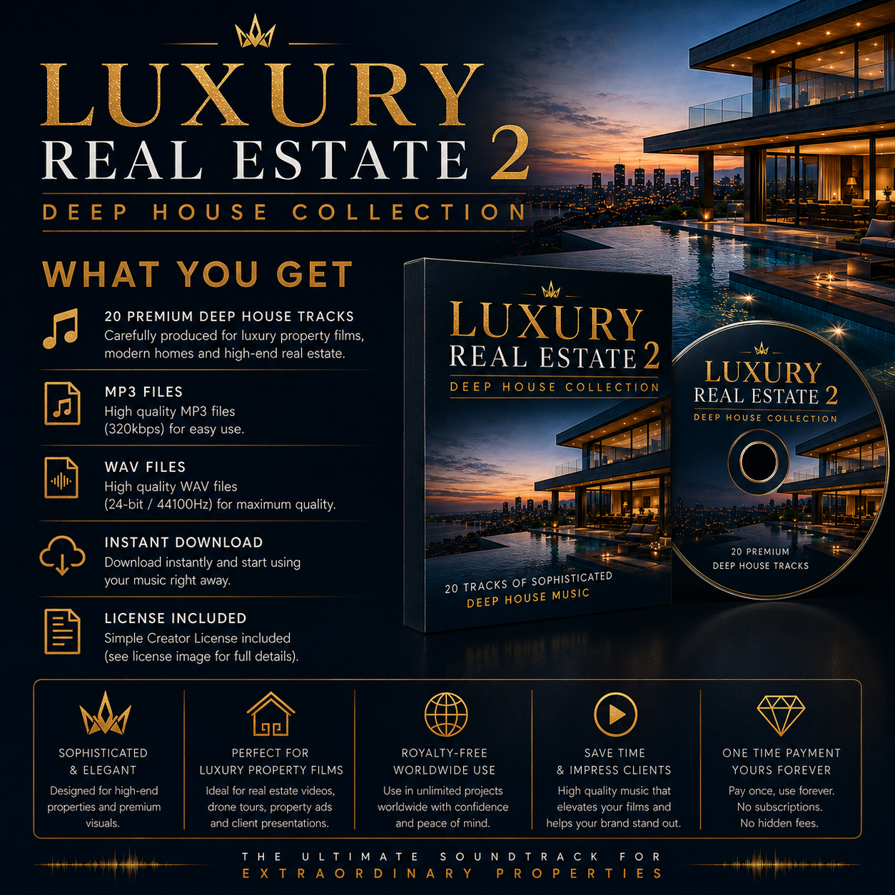 Luxury Real Estate 2 Deep House Collection includes 20 tracks in WAV and MP3 with instant download and Creator License