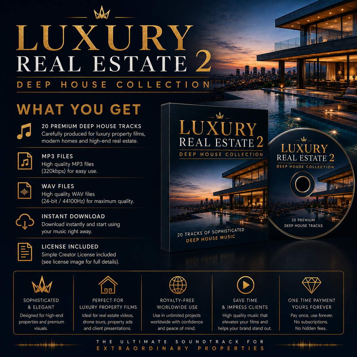 Luxury Real Estate 2 Deep House Collection includes 20 tracks in WAV and MP3 with instant download and Creator License