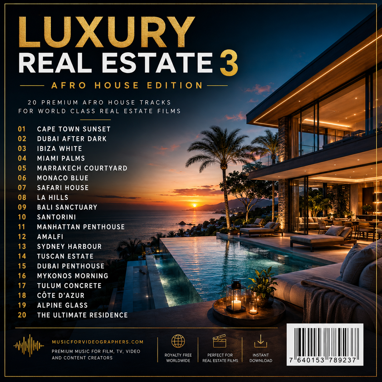 uxury Real Estate 3 Afro House Edition with 20 royalty-free tracks for luxury property videos, real estate videographers and drone footage
