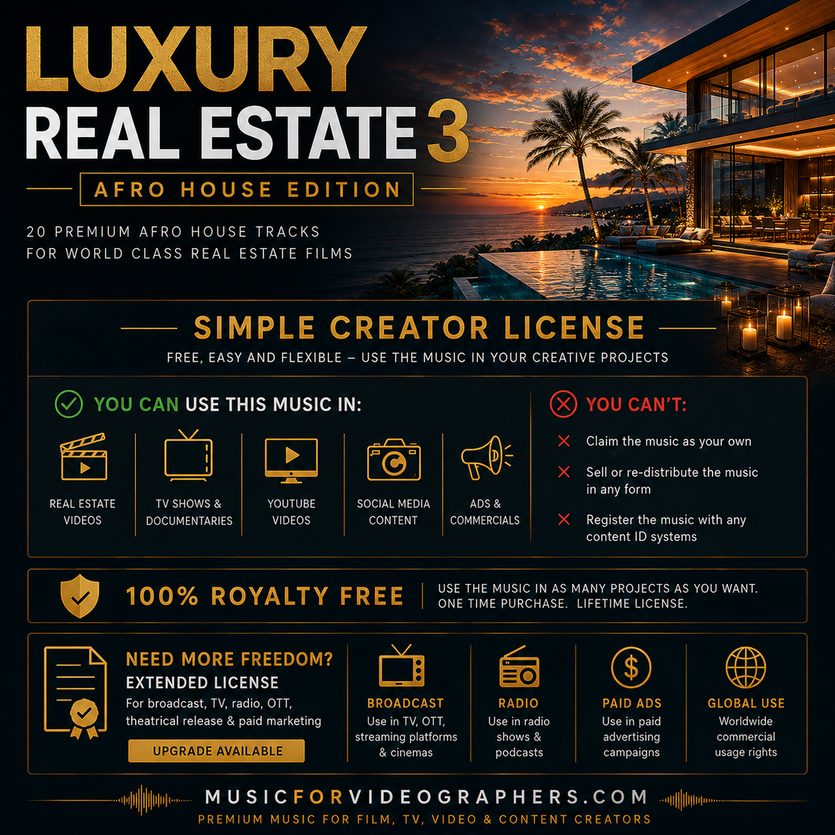 uxury Real Estate 3 Afro House Edition with 20 royalty-free tracks for luxury property videos, real estate videographers and drone footage