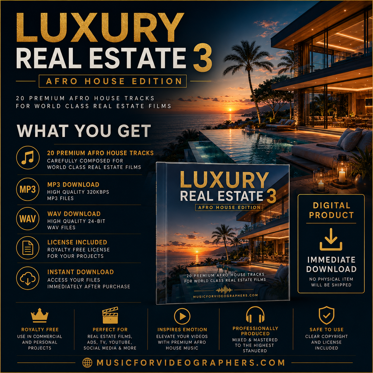 uxury Real Estate 3 Afro House Edition with 20 royalty-free tracks for luxury property videos, real estate videographers and drone footage
