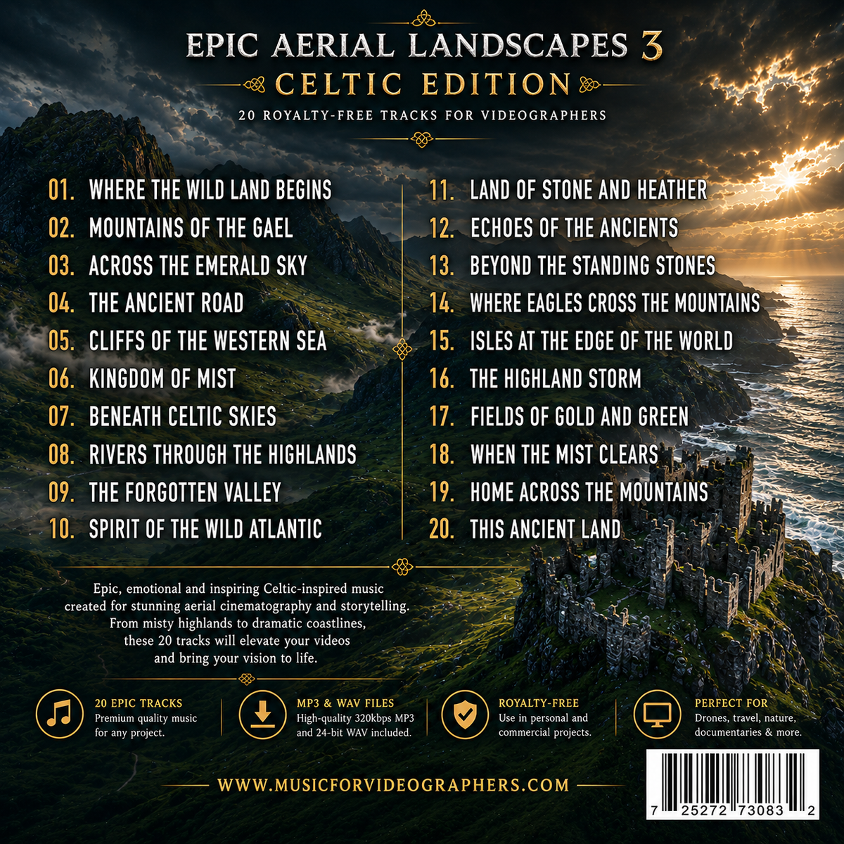 Epic Aerial Landscapes 3 Celtic Edition 20-track royalty-free drone music album