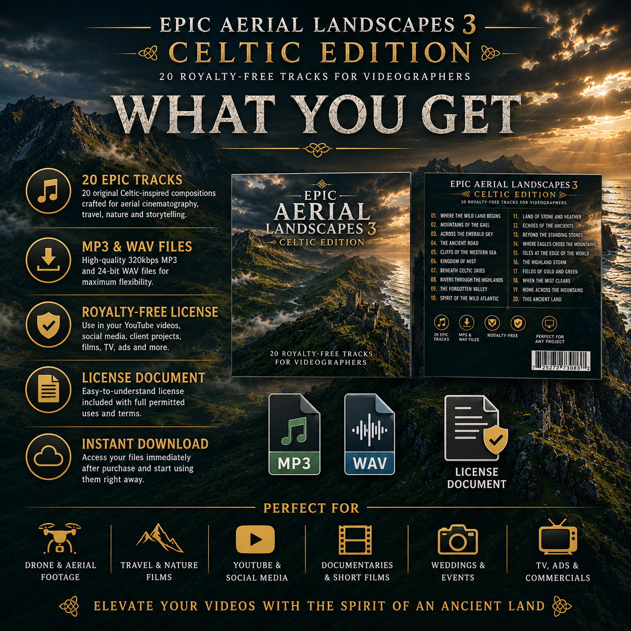20 royalty-free Celtic music tracks for drone pilots and videographers MP3 WAV download